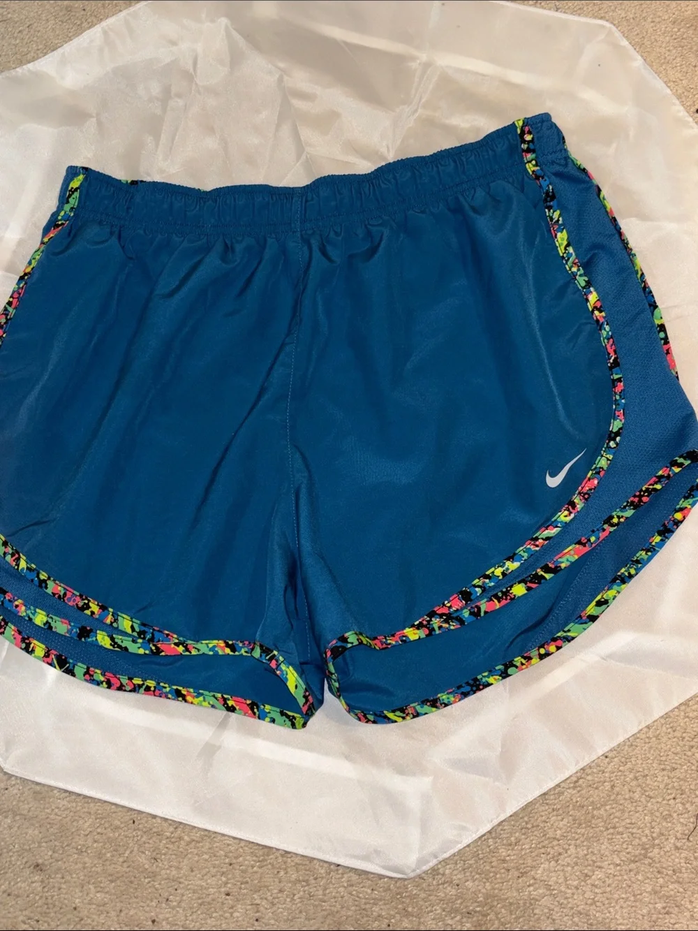 Nike Blue Athletic Running Shorts with Multicolor Trim L
